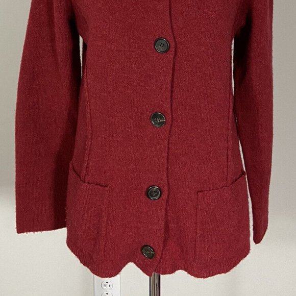 🍎 Eileen Fisher Cardigan Sweater S Red Pockets Mock Neck Hi Low Hem Wool - Picture 3 of 8